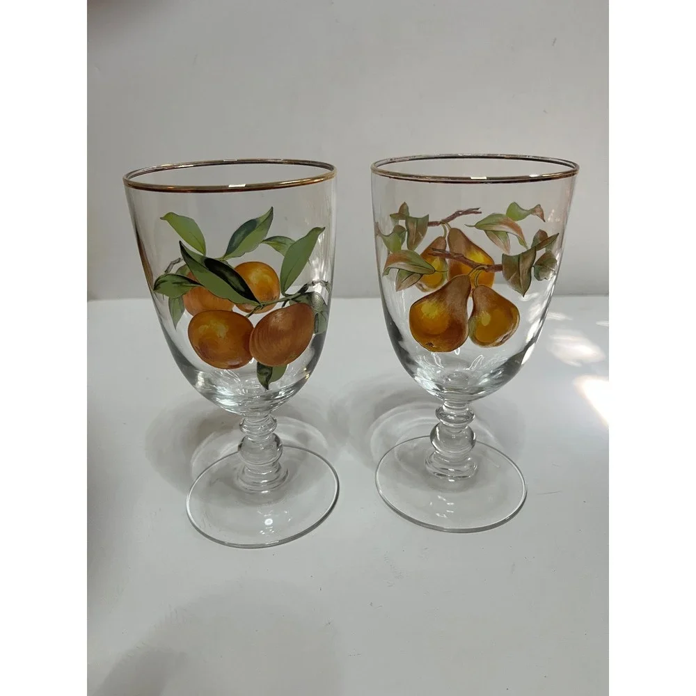 Vintage Royal Worcester Hand Painted Fruit Water Goblets Gold Rim Orange Pear